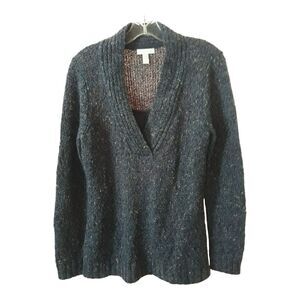 Charter Club Shawl Collar Sweater Women Large Blue Speckle Attached Cami V Piece